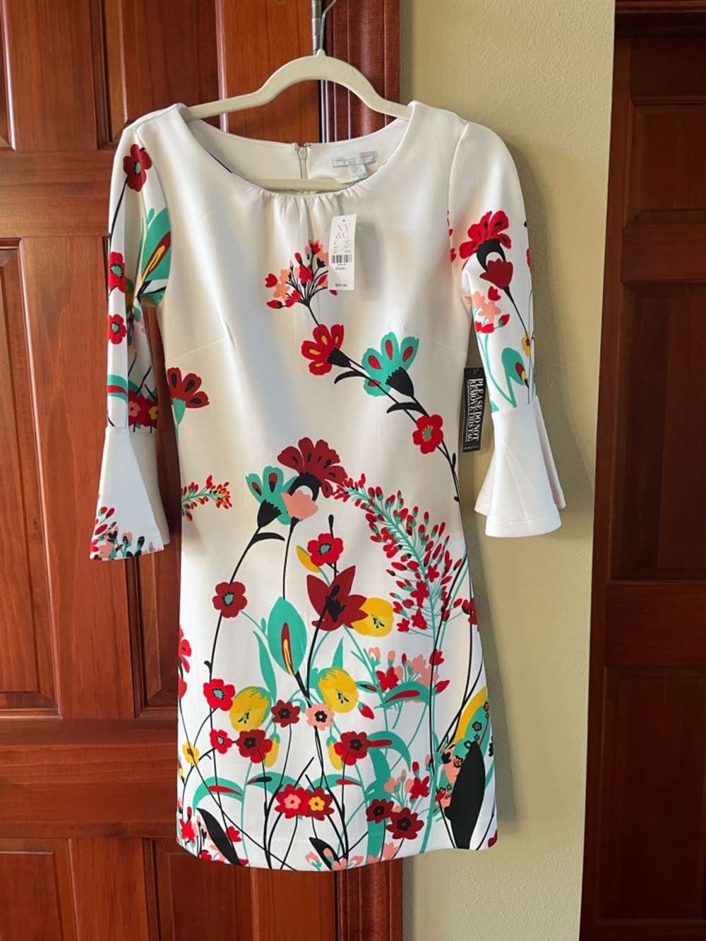 New York & Company White Floral Shift Dress with Bell Sleeves
